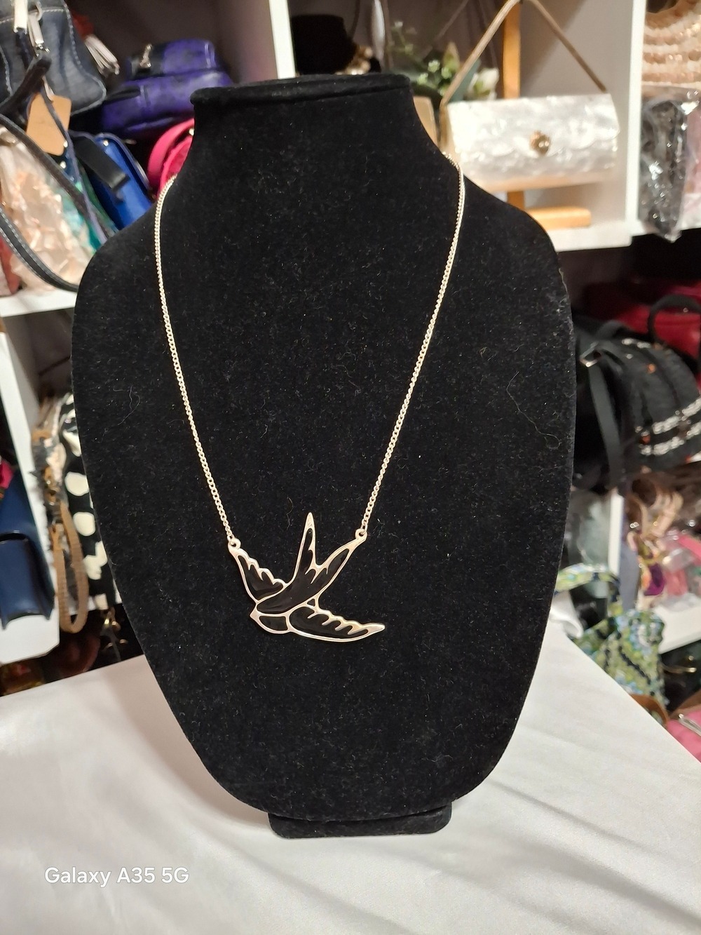 Swallow Bird Pendant Necklace Black Enamel On Silvertone- Women Jewelry 20"